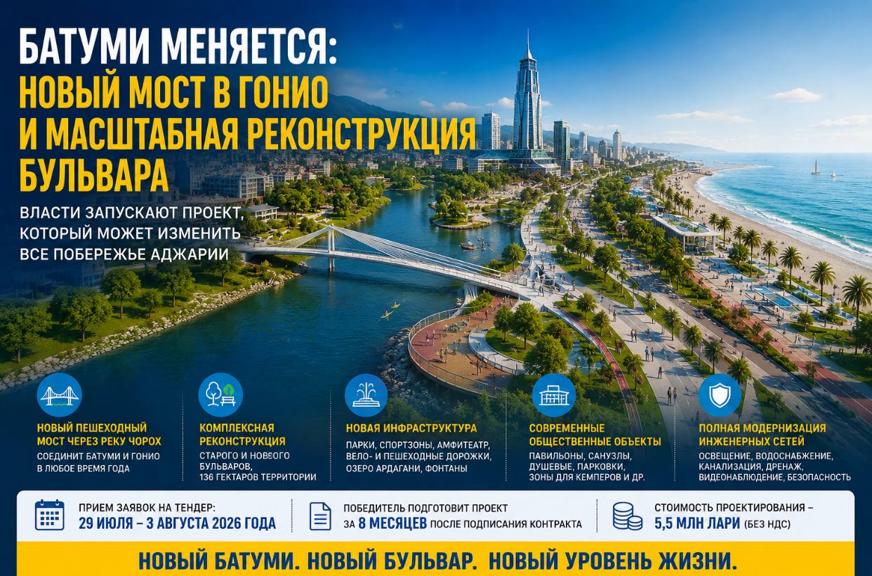 Батуми готовят к крупнейшему обновлению за последние годы: новый мост в Гонио и полная реконструкция бульвара